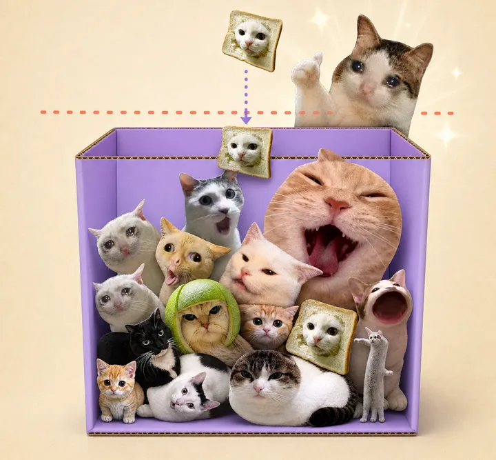 Expressive cats of increasing sizes piled inside a lavender cardboard merge box while a matching cat drops toward the stack and a thumbs-up cat celebrates