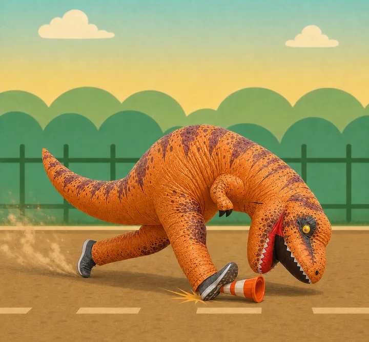 An orange inflatable T-Rex runner trips over a cone, with tiny dinosaur arms visible and gray shoes peeking from the costume leg cuffs
