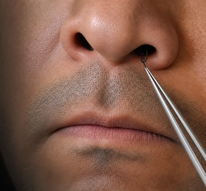 Silver tweezers pinching one curled nose hair in an extreme close-up