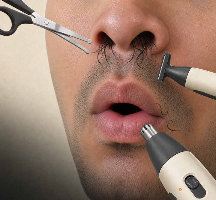 Safety scissors and two trimmers surrounding an extreme close-up of overgrown nose hairs