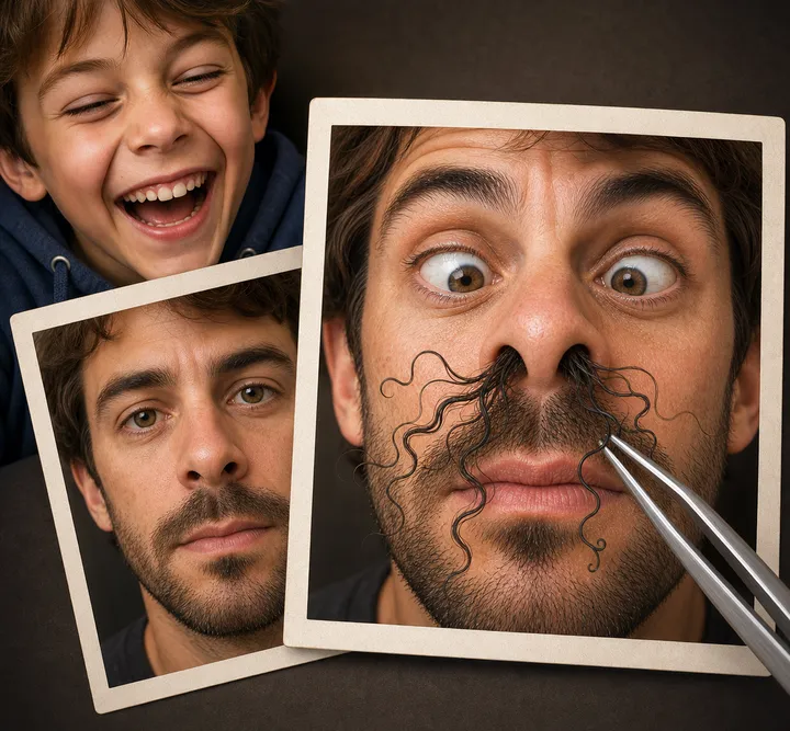 Two overlapping photos of a friend before and after a nose-hair prank beside a laughing boy